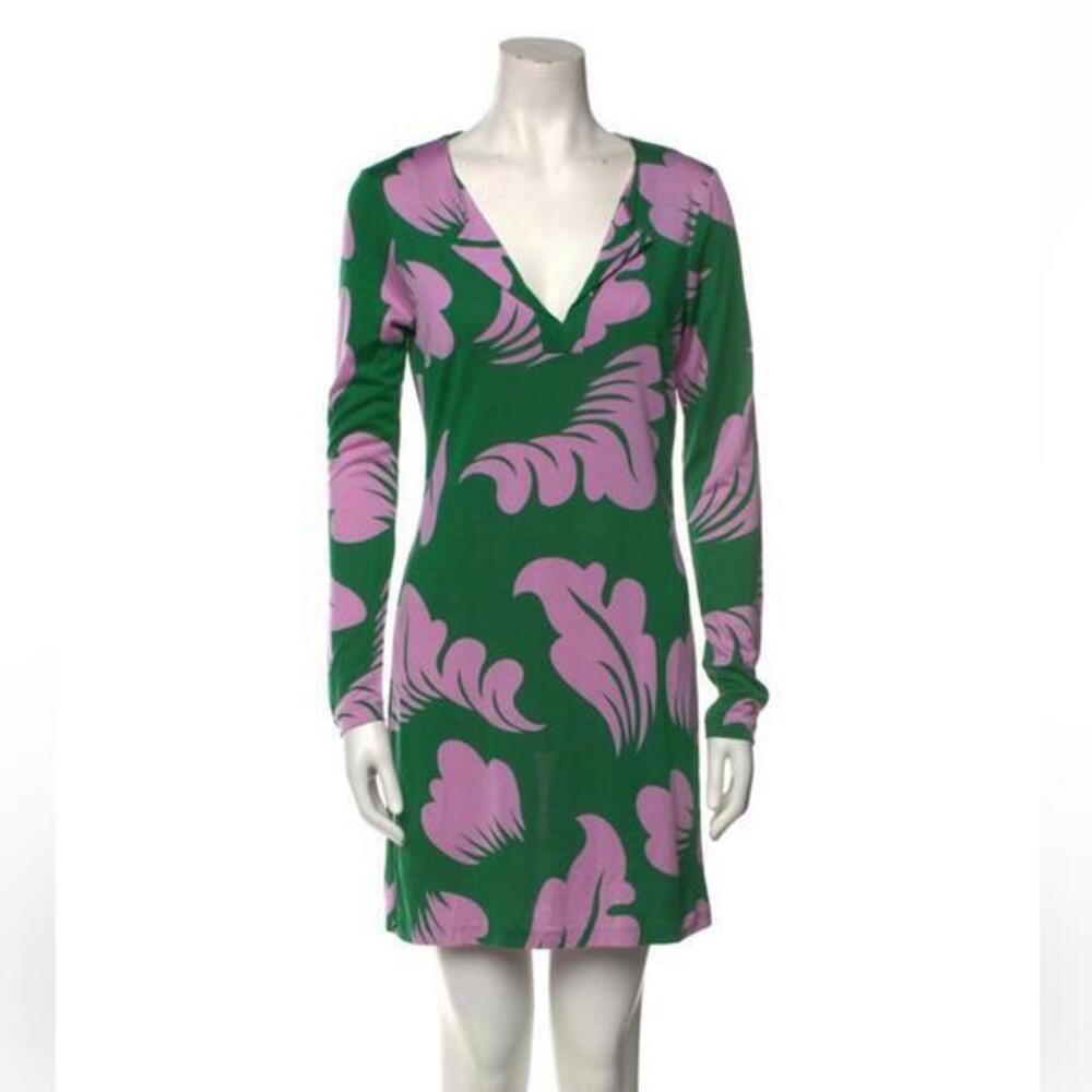 Diane Von Furstenberg Green and Pink Silk Long Sleeve Dress